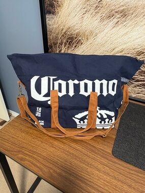 Corona Navy Canvas Tote with Tan Straps and White Logo